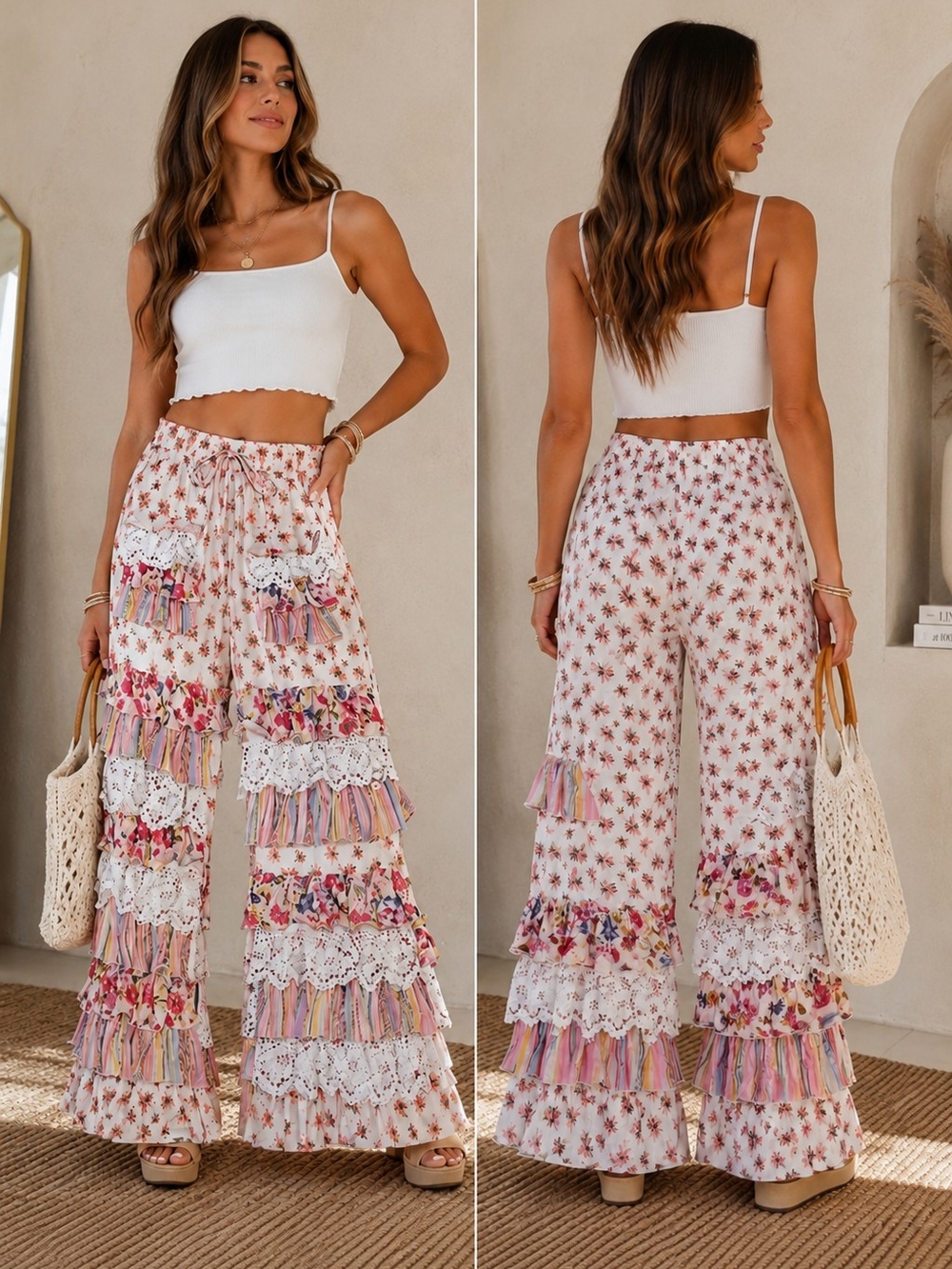 Boho Floral Tiered Wide-Leg Pants in Ivory Pink - NWOT - Picture 3 of 6